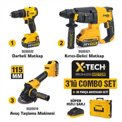 SGS Combo Set 3 Parça – Darbeli Matkap | Kırıcı Delici Matkap | Avuç Taşlama Makinesi